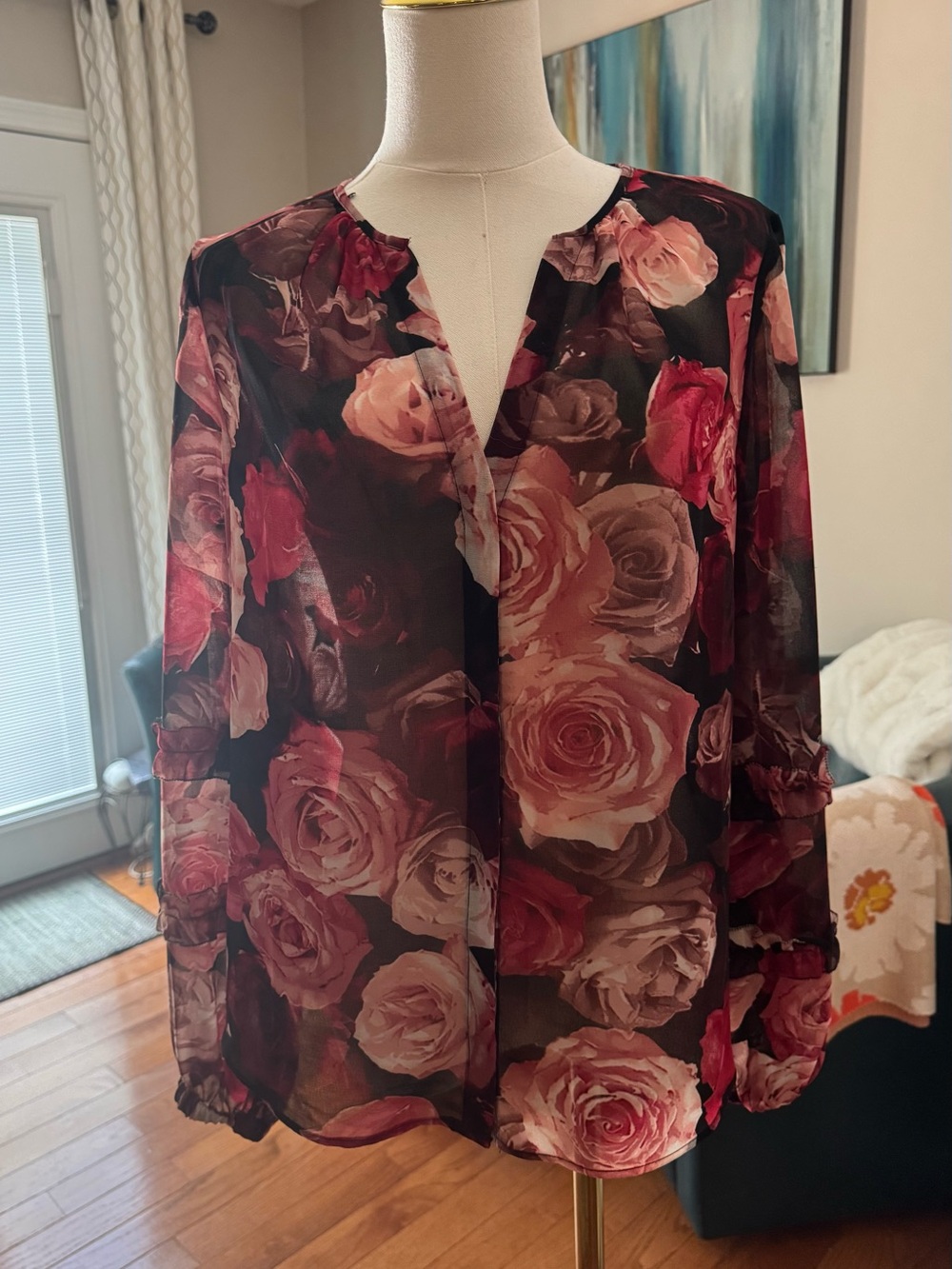White House Black Market Rose Print Sheer Blouse - Wine/Pink Size small